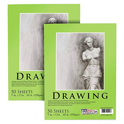 U.S. Art Supply 9" x 12" Premium Drawing Pad, Pack of 2 (50 Sheets Each), 60 lb (100 GSM) - Artist Sketch Book, Mixed Media Paper, Sketchbook for Drawing, Colored Pencils, Charcoal - Adults, Students