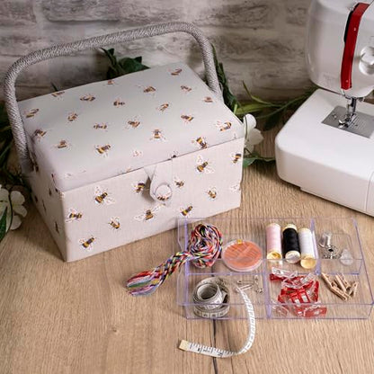 Hobby Gift Medium Sewing Box Organiser, Fabric Covered Storage Box with Handle, Internal Tray, Pin Cushion and Pocket for Sewing, Quilting and Knitting Supplies - color: Bee