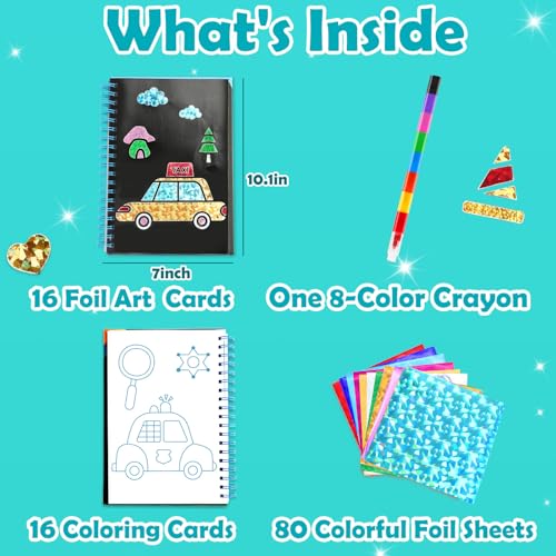 FUNNYB&G Foil Art Craft Kit for Boys 4-10 Years Old: Mess-Free & No-Glue, Create 16 Sparkly Vehicle Pictures – Perfect Travel Toy & Birthday Gift for Kids (Vehicle) - style: Vehicle