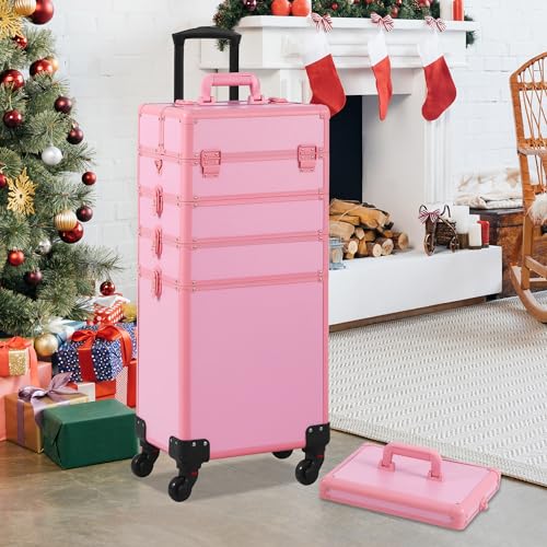 Somduy Makeup Train Case, Rolling Makeup Case with Lid, 5 in 1 Cosmetology Case on Wheels, Christmas Gift, Large Makeup Case Organizers, Profesional Cosmetic Case for Salon Barber, Pink - color: Pink