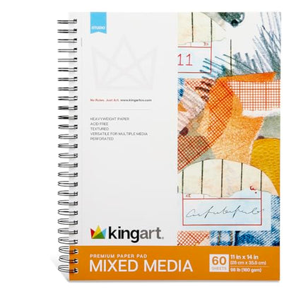 KINGART Mixed Media Paper Pad – 11x14 Inch, 1-Pack – 60 Sheets (98 lb / 160 GSM), Heavyweight Acid-Free Paper – Spiral-Bound Art Pad with Chipboard Backing