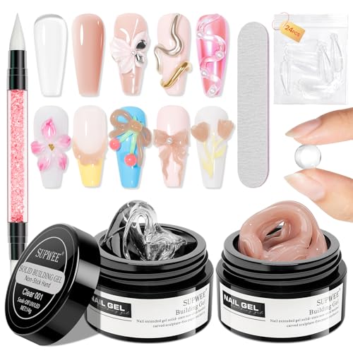 Clear and Nude Solid Builder Gel for Nails Extension 3D Hard Gel for Carving Patterns Decoration Home Manicure DIY for Women - color: Clear and Dark Nude