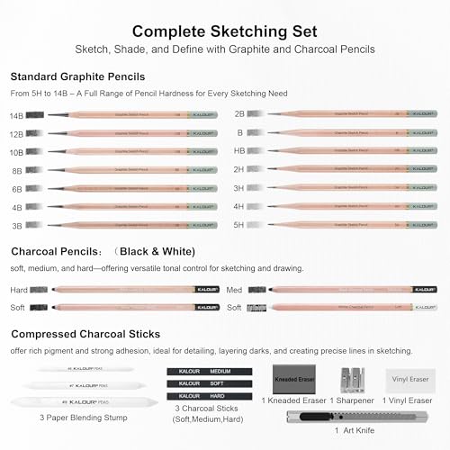 KALOUR 28 Pro Sketching Drawing Pencils Set – 14 Graphite Pencils (14B–5H), Charcoal Pencils, Erasers, Sharpener & Stumps – Complete Art Kit for Artists & Beginner