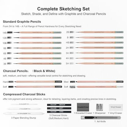 KALOUR 28 Pro Sketching Drawing Pencils Set – 14 Graphite Pencils (14B–5H), Charcoal Pencils, Erasers, Sharpener & Stumps – Complete Art Kit for Artists & Beginner