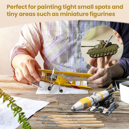 10 pcs Miniature Detail Paint Brushes Set - Precision Round & Filbert Brushes for Miniature, Model Painting, Watercolor & Figurines - Fine Tip Artist Brush Kit with Ergonomic Handle (Wood)