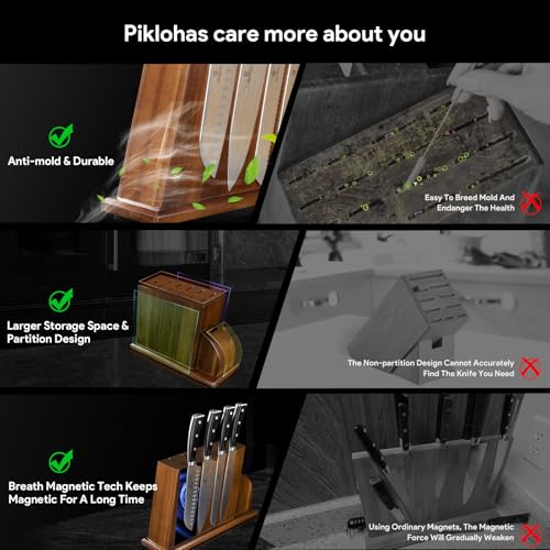 Piklohas Knife Sets for Kitchen with Block, 17 Pieces with Magnetic Knife Holder, German High Carbon Stainless Steel Damascus Pattern Chef Knife Set, Ideal for Gift