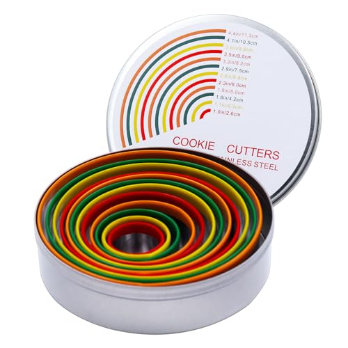 Alimat PluS Round Cookie Biscuit Cutter Set, 12 Pack Pastry Cutters in Graduated Sizes for Donut, Dough, Fondant, Clay, Stainless Steel Circle Cutter Cake Ring Molds with Colorful Rubber Coating - size: 12 Pack, Round Shape