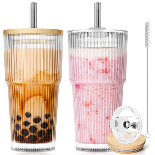 KEMORELA 20oz Ribbed Glass Tumblers with Reusable Stainless Steel Straws, Bamboo & Leak-Proof Dual Lids, Extra-Wide 13mm straw, 2Pc Vintage Drinking Glasses for Boba,Iced Coffee, Smoothies,Travel Cups - size: 20oz 0.5"straw