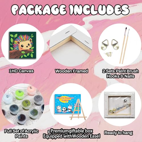 WEMEON Hedgehog Paint by Numbers Kit for Kids with Frame and Easel, Easy Paint by Numbers Kits for Kids Ages 4-6, Small Painting by Number for Birthday Gift, Painting Party(10X10inch) - color: DMBK-0001-US(10X10inch)