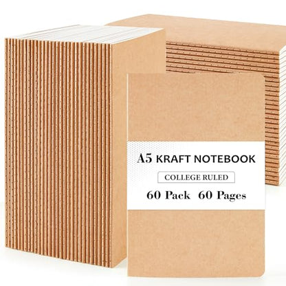 feela 60 Pack Kraft Notebooks Bulk, Lined Travel Journals Note Pad Notebooks for Men Women Girls Students, Making Plans Writing Memos Office School Supplies, A5, 60 Pages, 8.3” X 5.5” - style: Lined-60 Pack
