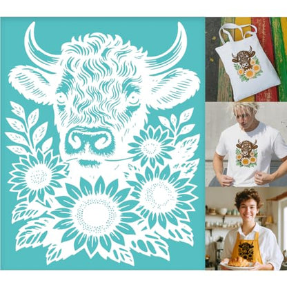 2 Sheets Silk Screen Stencil, The Cow Consumes Sunflowers Reusable Stencils Templates Self-Adhesive Silk Screen Printing for Wall Border Wood Fabric Home Craft Decor - style: Cow Sunflowers