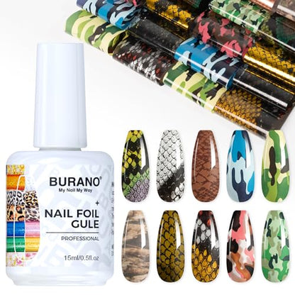 BURANO Nail Art Nail Foil Glue Gel, o.5 oz with 10PCS Foil Stickers Set Nail Foil Glue for Nails Foil Transfer Gel, Nail Design DIY UV LED Lamp Required (Snake 25) - color: Snake 25