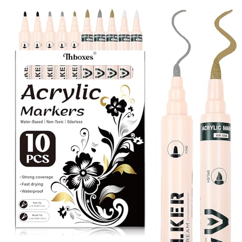 Thboxes 10 Pack Paint Markers, Dual-Tip Acrylic Paint Pen Fine Tip and Brush Tip Markers for Fabric Wood Metal Rock Glass Plastic Canvas School Supplies Art Supplies - color: Gold,Silver,Black,White