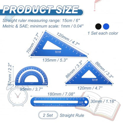 HARFINGTON 8pcs Triangular Ruler Set 15cm/6" Aluminum Alloy Straight Geometric Protractor Triangle Engineering Scale Drafting Ruler Kit Measuring Drawing Tool for Classroom Home, Silver/Blue - color: Silver/Blue