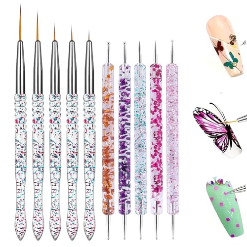 10Pcs Nail Art Brush Set, 5Pcs Double-Ended Dotting Tools & 5Pcs Fine Liner Brushes, Nail Design Brushes Kit for Detailing, Dotting & Striping Designs - color: 10Pcs Art Brushes