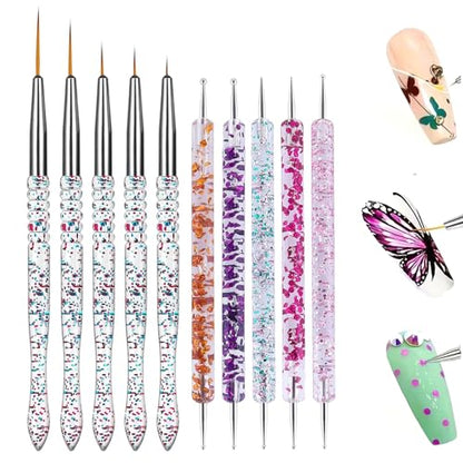 10Pcs Nail Art Brush Set, 5Pcs Double-Ended Dotting Tools & 5Pcs Fine Liner Brushes, Nail Design Brushes Kit for Detailing, Dotting & Striping Designs - color: 10Pcs Art Brushes