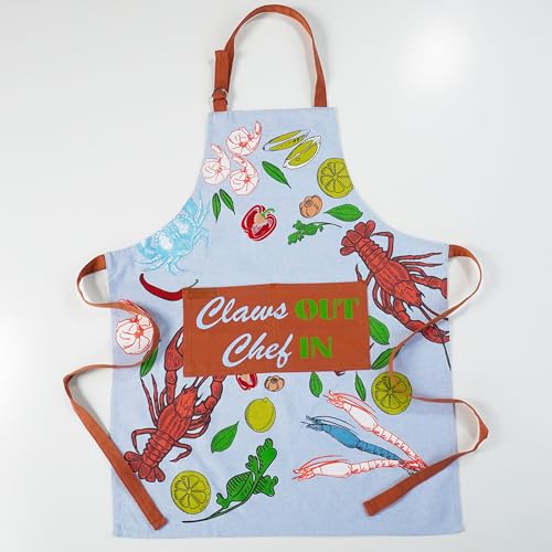 100% Cotton Printed Kitchen Apron with 2 Pockets for Men and Women – Adjustable Chef Apron - Machine Washable - color: Seafood Blue