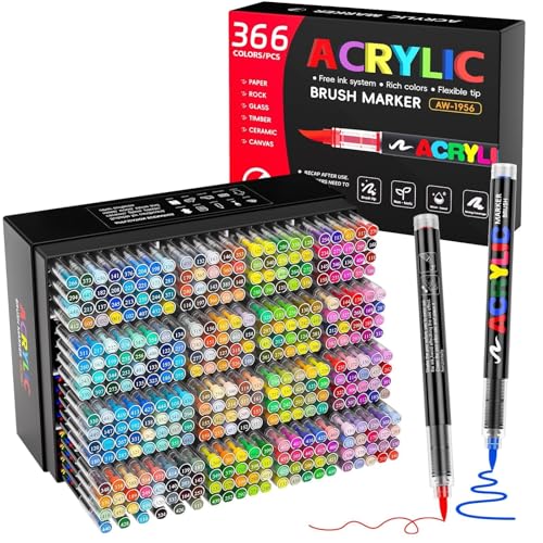 366 Colors Acrylic Paint Markers with Automatic Ink Control System, Quick Dry No Bleed High Opacity Water-Based Brush Tip for Rock Wood Canvas Glass Ceramic DIY Art Crafts - color: 366 colors