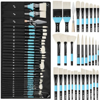 Nicpro 30pcs Paint Brush Set for Acrylic Painting, Oil, Watercolor, Gouache | 10 Shapes No Shedding Synthetic Bristles with Palette Knife and Canvas Roll, Professional Painting Supplies for Artists - color: Black-blue