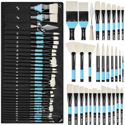 Nicpro 30pcs Paint Brush Set for Acrylic Painting, Oil, Watercolor, Gouache | 10 Shapes No Shedding Synthetic Bristles with Palette Knife and Canvas Roll, Professional Painting Supplies for Artists - color: Black-blue