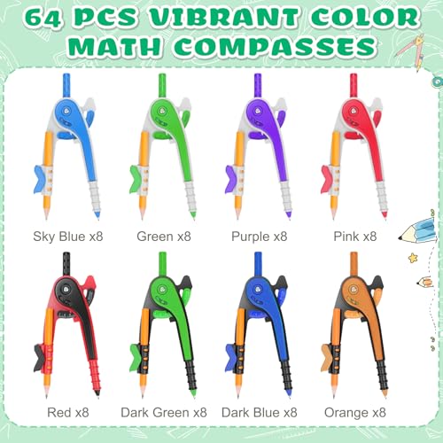 64 PCS Math Compass Geometry Math Set 6 Inch Plastic Drawing Compass with Pencils for Math Student Classroom School Office Woodworking Art Drawing - style: 64 Pack