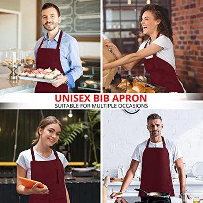 Utopia Kitchen 2 Pack Bib Apron, Adjustable with 2 Pockets, Water and Oil Resistant, Cooking Kitchen Chef Apron for Women Men - color: Burgundy