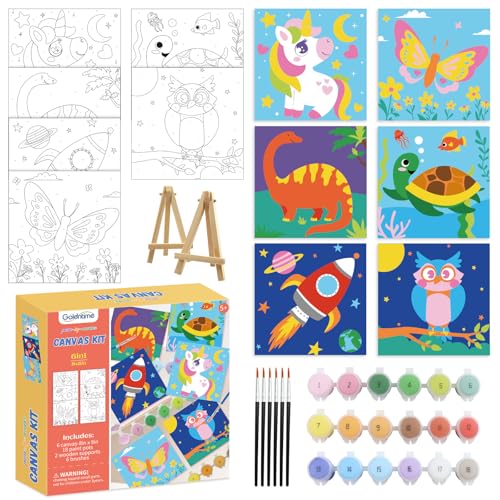 goldentime 6 Pack 8x8inch Paint by Numbers Kit for Kids, Predrawn Canvas for Painting with Unicorn, Butterfly & More, Includes 18 Acrylic Paints, 6 Brushes & Easels, Easy Art Supplies for Kids 4-8-12 - color: unicorn