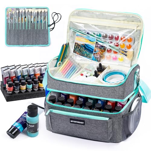 Acrylic Paint Organizer Bag with Washable Roll-Up Brush Holder, 2-Layer Art Supply Case, Large Craft Organizer with Foam Inserts for Apple Barrel, Shuttle Art, Caliart Art Supplies Storage Bag - color: Grey - Teal, size: Double Layer
