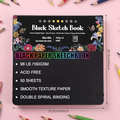 50 Sheets Black Paper Sketchbook, 98lb/160gsm Heavyweight Black Sketch Pad 8×8in, Acid-Free Drawing Paper, Spiral Bound Sketch Book for Teens, Artist - size: 8×8 Inch (1 pack)