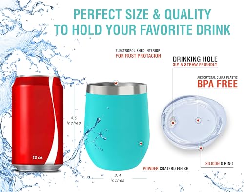 CHILLOUT LIFE 12 oz Stainless Steel Wine Tumbler with Lid - Double Wall Vacuum Insulated Wine Cup Glass Keeping Cold & Hot for Coffee, Champagne, Cocktails, Ice Cream - Powder Coated Aqua Blue - color: Aqua Blue, style: 1 Pack