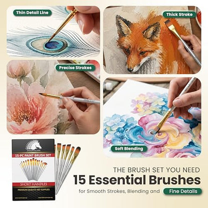 MyArtscape Paint Brush Set - 15 Short Handle Art Brushes for Gouache, Watercolor, Acrylic and Oil Painting - Premium Taklon Brushes - Fan, Filbert, Flat, Round, Shader, Angle and Bright