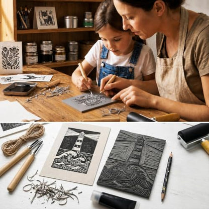 Lnncdsc Linocut Kit with Soft Linoleum Blocks and Carving Tools for Printmaking | Includes easy-carve linoleum blocks and multi-size carving cutters; complete printmaking supplies for beginners, artists