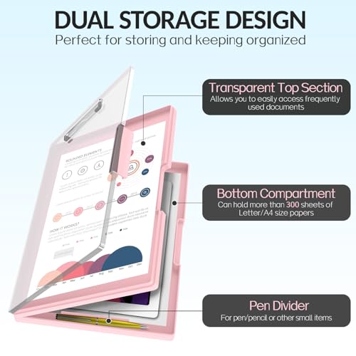 Sooez Clipboard with Storage, Heavy Duty Cleaview Clip Boards 8.5x11 with Dual Storage, Dry Erase Plastic Nursing Clipboard, High Capacity Clipboards Folder for Teacher Nurse, School & Office Supplies - color: Light Pink