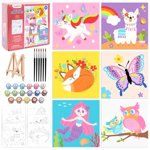 goldentime Kids Paint by Number Kits Including 6 Pre-Drawn Canvas for Painting, 6 Brushes 17 Paints and 2 Easels, Perfect Art Painting Kit, Arts and Crafts Painting for Kids Ages 8-12 - color: fantasy