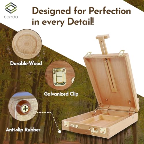 CONDA Premium Wooden Sketch Box Easel - Adjustable Tabletop Art Easel for Painting, Drawing & Sketching, Solid Beech Wood Design with Art Supply Storage, Ideal for Artists, Students & Beginners - style: Sketch Box