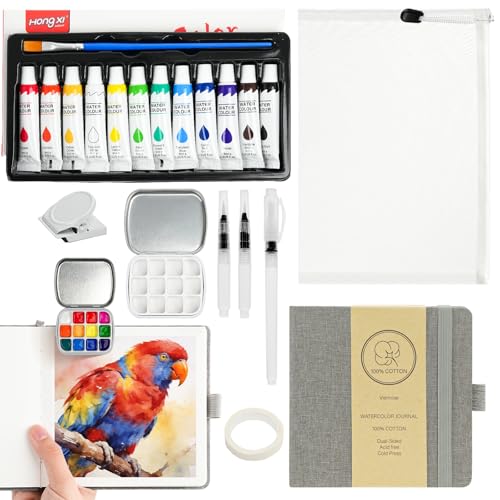 Vienrose 5.5" x 5.5" Linen Cover Watercolor Sketchbook Set for Travel & Outdoor Painting with Mini Portable Watercolor Palette, 12-Color Watercolor Paints, 3 Pens, Artist Tape & Storage Bag - color: Grey, size: 5.5"x5.5"