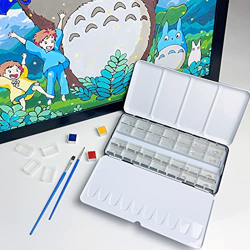 FCLUB Large Watercolor Palette Tin with 28Pcs Watercolor Full Pans | Empty Metal Palette, 28Pcs White Full Pans, Folding Paint Tray, Palette with Lid, Mixing Area for Watercolor, Oils Gouache - style: Tin with 28 Transparent Full Pans