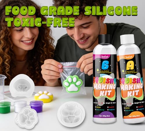 Liquid Silicone Taba Squishy Kit, 18oz 1:1 AB Ultra Soft Squishy Feel Fast Cure Silicone Rubber, Bubble-Free, 4 Moulds Cat Paw Hamster Bear Taiyaki, Flocking & Pom Poms, Ideal DIY Stress Relief Gift - color: 18oz