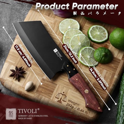 TIVOLI Meat Cleaver Knife 7inch - Black Butcher Knife for Meat Cutting - Japanese High Carbon Steel Cleaver for Vegetables Chopping - Kitchen Cooking Knives with Wooden Handle - Gift for Men and Women - size: 6.9"