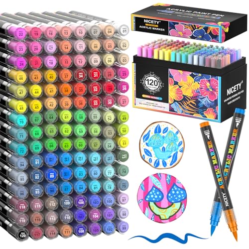 NICETY 120 Colors Acrylic Paint Markers for Advanced Artists – Water-Based Paint Pens with Flexible Brush Tip (1–6mm) & Automatic Ink Control for Rock, Fabric, Canvas, Wood & Glass - color: 120 Colors