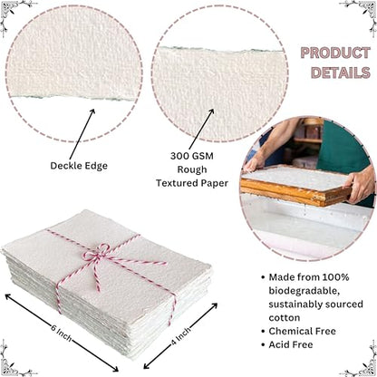 300 GSM Deckle Edge Cotton Paper - Soft, Textured Handmade Sheets for Invitations, Artwork, Stationery, and DIY Crafting (Pack of 25) (4 x 6 inch) - size: 4 x 6 inch