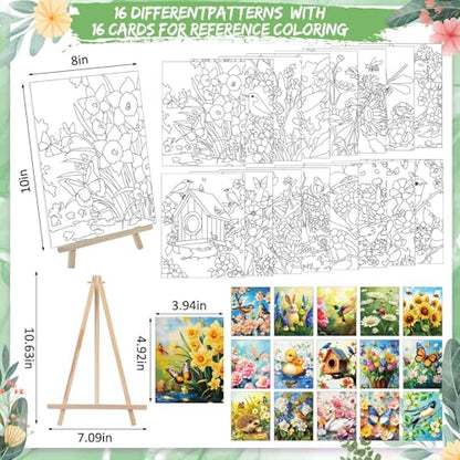 Tenceur 16 Sets Pre Drawn Canvas to Paint for Sip and Paint Party, 8 x 10 Inch Preprinted Framed Pre Sketched Coloring Canvas with Easels and Brushes for Adults Party Supplies(Garden) - style: Garden