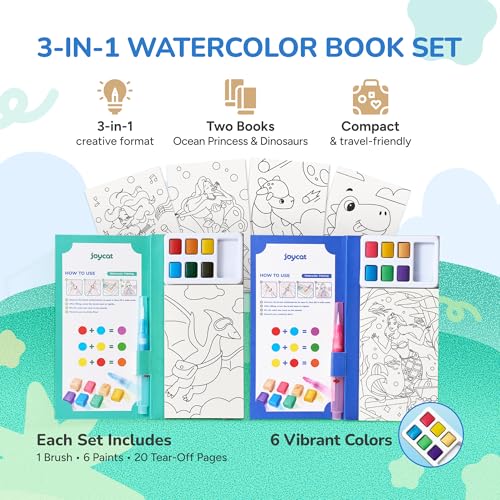 JoyCat 2 Pack Pocket Paint with Water Coloring Books for Kids, Art & Craft Activity Toy Set, Creative Travel & Home Painting Kit, Gifts for Girls & Boys Ages 3-8 (Ocean Princess & Dinosaurs) - style: 2 Pack - Ocean Princess & Dinosaurs