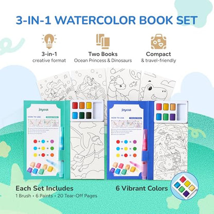 JoyCat 2 Pack Pocket Paint with Water Coloring Books for Kids, Art & Craft Activity Toy Set, Creative Travel & Home Painting Kit, Gifts for Girls & Boys Ages 3-8 (Ocean Princess & Dinosaurs) - style: 2 Pack - Ocean Princess & Dinosaurs