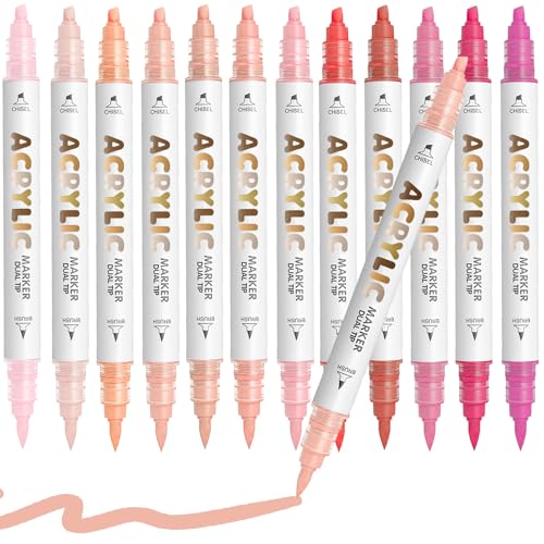 Pink Skin Acrylic Paint Pens, Water Based 12 Colors Dual Tip Acrylic Paint Markers for Rock Painting Wood, Glass, Ceramic, Canvas, Fabric, Stone, DIY Crafts Making Art Supplies - color: Pink Skin Series