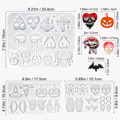Resin Earring Mold with Hole, 3Pack Halloween Earring Casting Molds | Skull Bat Witch Bat Pumpkin Spooky Ghost Hand Shaped Earring Silicone Mold for Resin Casting Pendant Keychain Jewelry Gift - color: 3 PCS Halloween Resin Molds with Holes