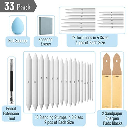 Mr. Pen- Blending Stumps for Drawing, 33 Pack | Tortillions Paper Art Blenders with Sandpaper Sharpeners, Pencil Extension Tool, Kneaded Eraser & Rub Sponge - size: 33 Pack