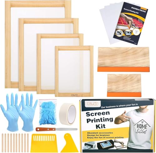 Caydo 31 Pieces Screen Printing Starter kit Include 4 Different Size of Wood Silk Screen Printing Frame with 110 Mesh, Squeegees, Inkjet Transparency Film, Ink Knife, Gloves and Mask Tape - style: 31pcs