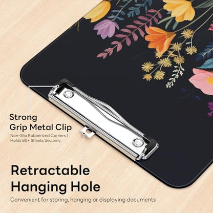 Plastic Cute Clipboard Low-Profile Metal Clip, A4 Letter Size 9 x 12.5 in, 8.5 x 11 Paper Clip Board for Teachers, Nurses, Classroom,Black Flower - color: Black Flower