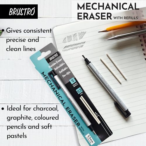 BRUSTRO Fine Art Graphite Pencil - Set of 12 (10B - 2H) with Mechanical Precision Retractable Eraser(2.3mm) | Ideal for Drawing,Sketching,Mandala,Shading,Artwork, Beginners, Artists and Professionals - style: Graphite Pencil + Mechanical Eraser